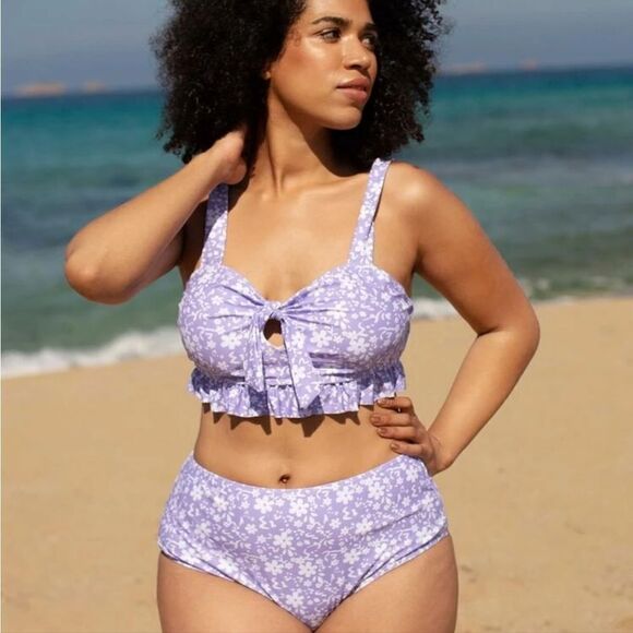 NWT Shein Plus Ditsy Floral Lavender Knot Front Bikini Swimsuit - Picture 1 of 5